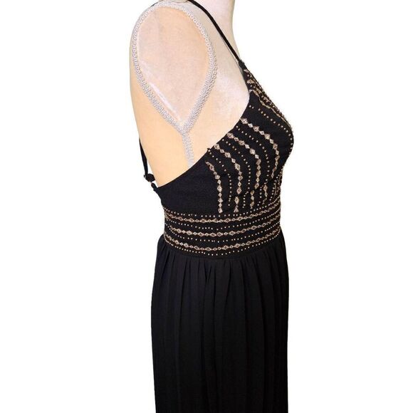 Lulus black with gold accents crossback spaghetti strap gown. Size M. - Picture 6 of 11